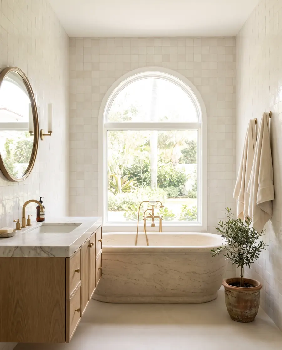 Baño principal con bañera de piedra bajo una ventana en arco y mueble de roble
