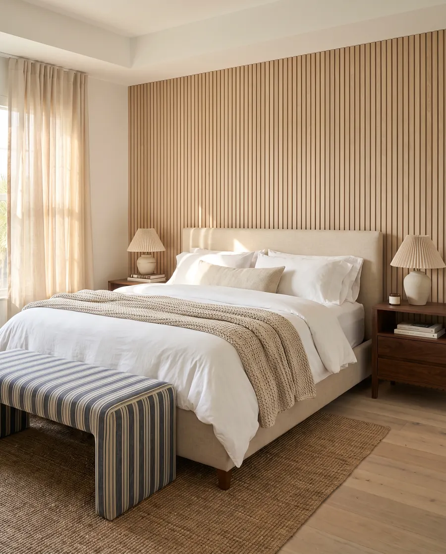 Dormitorio principal con cama tapizada en lino, pared de listones de roble y banco a rayas
