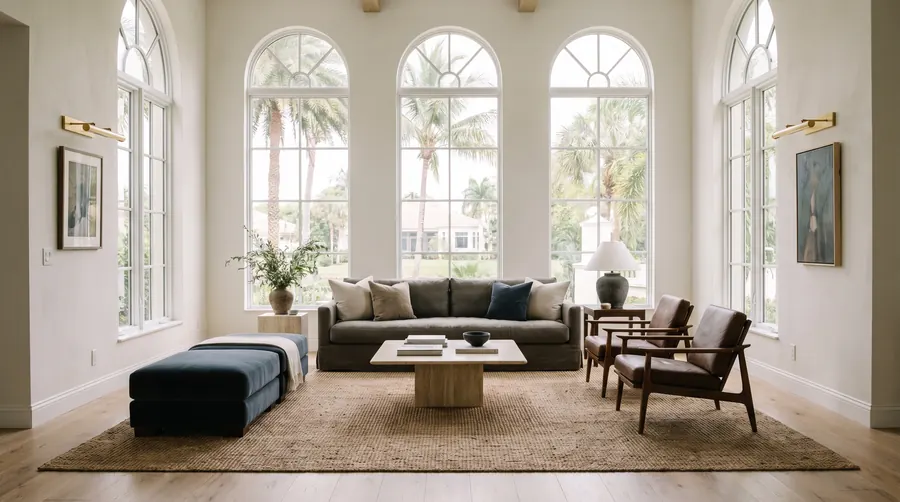 Sala luminosa con ventanas en arco, sofá de lino, sillas de nogal y un puf azul pizarra