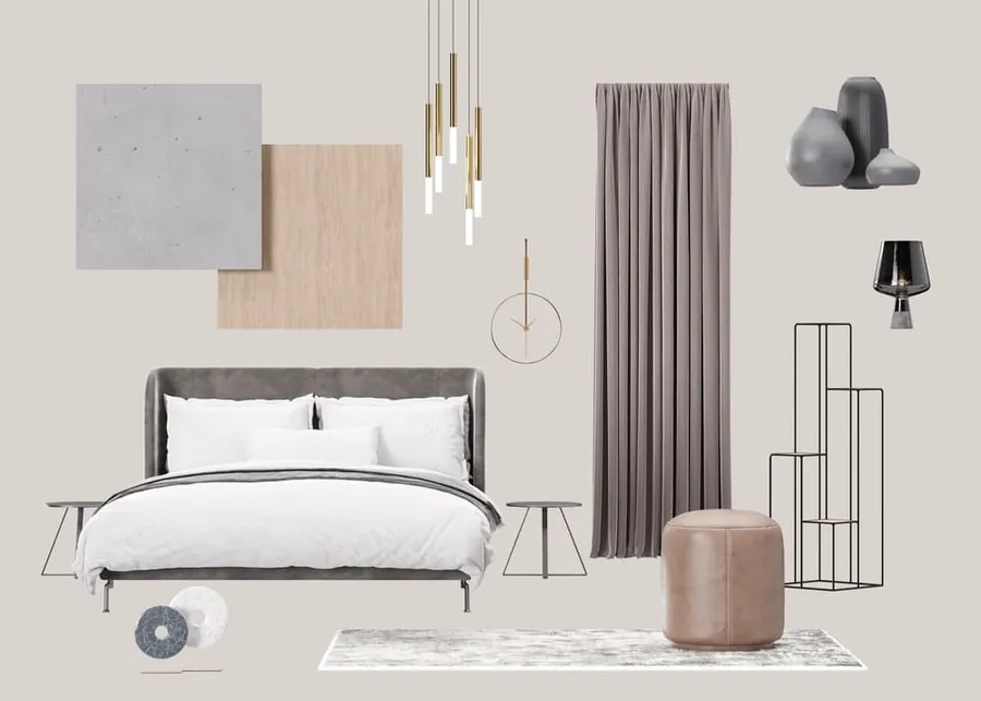 Mood board de dormitorio de ML Arch Studio con cama gris, muestras de concreto y roble y lámparas de latón