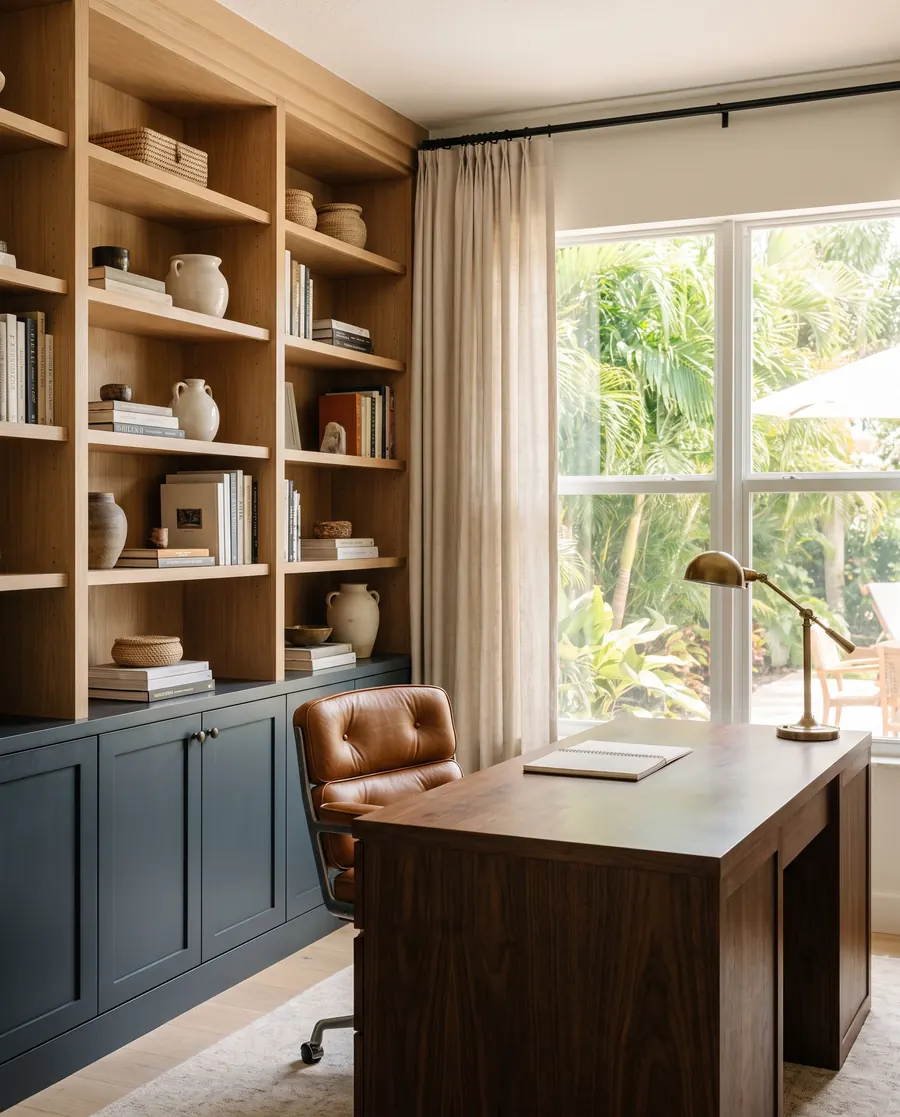 Estudio en casa con biblioteca de roble, gabinetes azul pizarra y escritorio de nogal