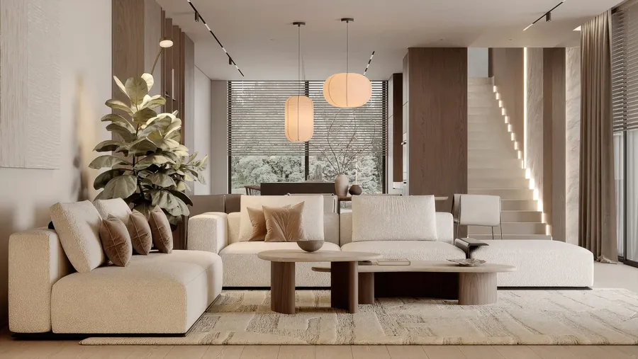 Render 3D de ML Arch Studio: sala con sofá bouclé, mesas de nogal y lámparas de papel