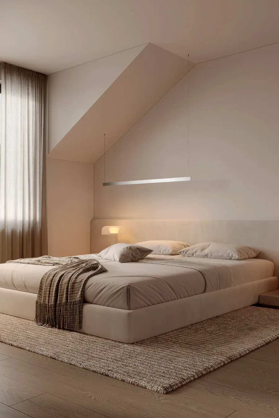 Render de ML Arch Studio: dormitorio sereno bajo techo inclinado en tonos neutros